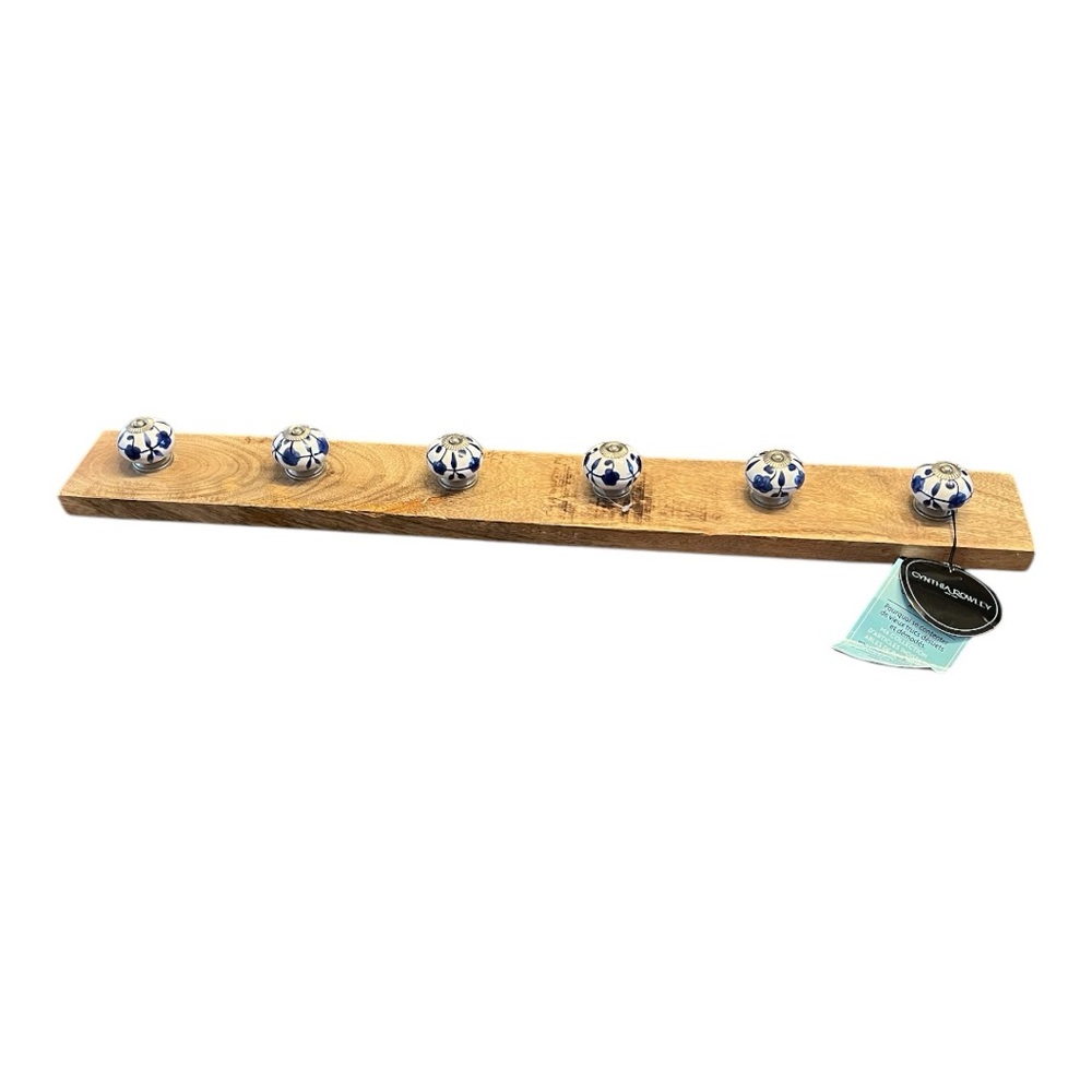 Wooden Wall Hook with Blue and White Ceramic Knobs
